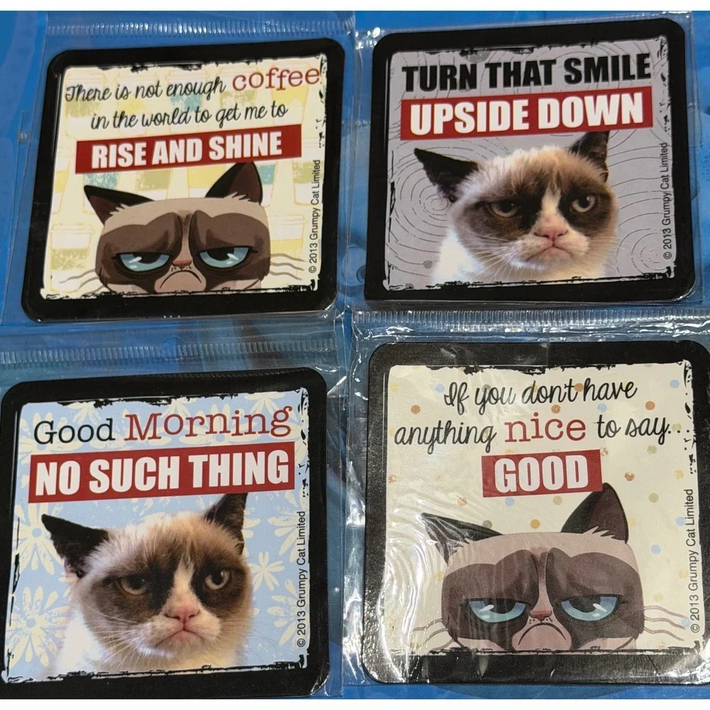 Grumpy Cat Coaster Set 4pc Ganz 2013 Funny Sarcastic Meme Quotes Cat Lover Gift